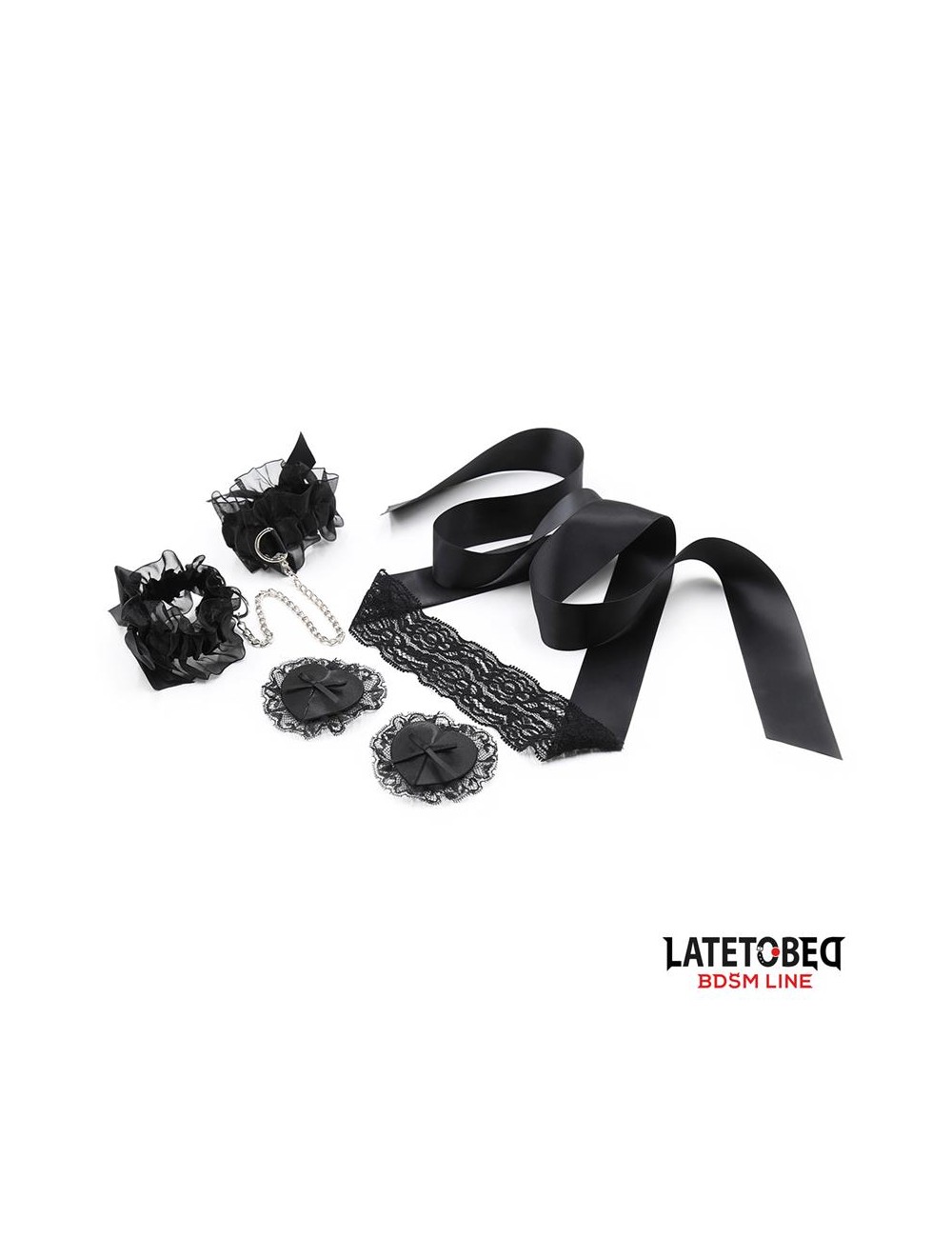 Set de 3 Piezas de Bondage Antifaz Esposas y Pezoneras