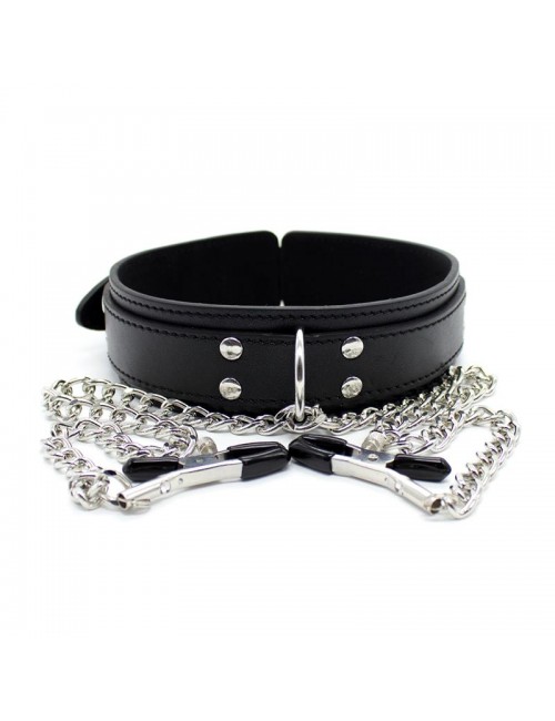 Collar con Pezoneras y Cadena de Metal Negro