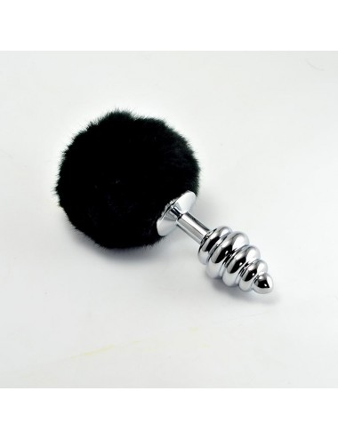 Plug Anal de Metal en Espiral con Pompon Negro
