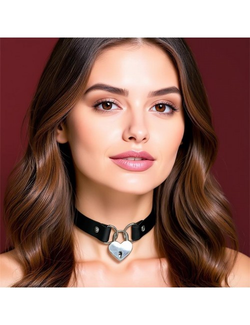 Collar con Candado de Corazon Cuero Vegano Talla unica
