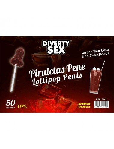 50 Piruletas Forma Pene Sabor Ron Cola 10 Alcohol