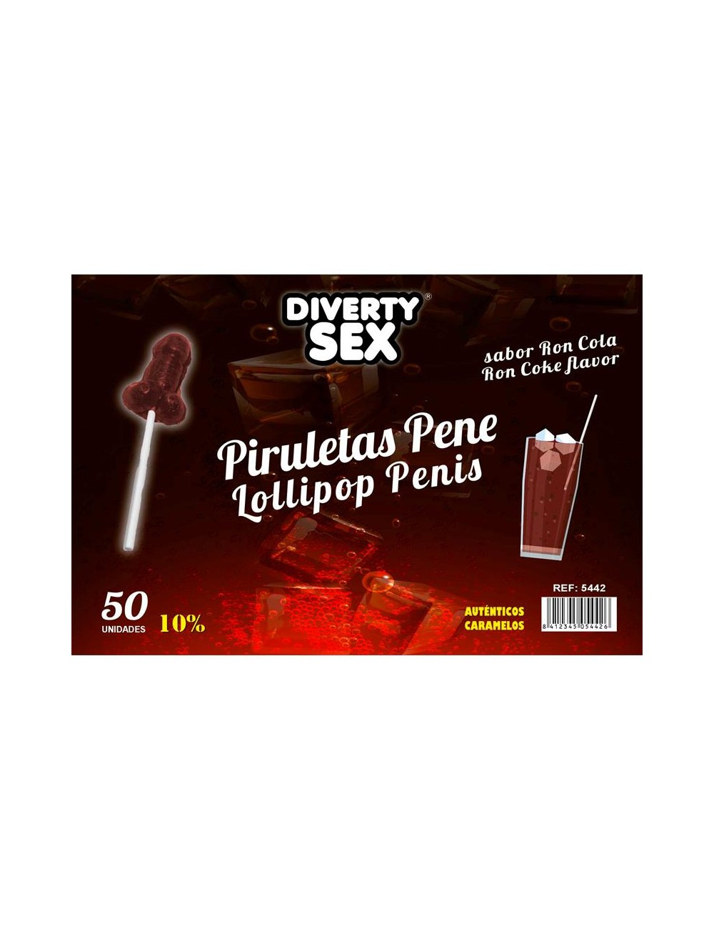 50 Piruletas Forma Pene Sabor Ron Cola 10 Alcohol