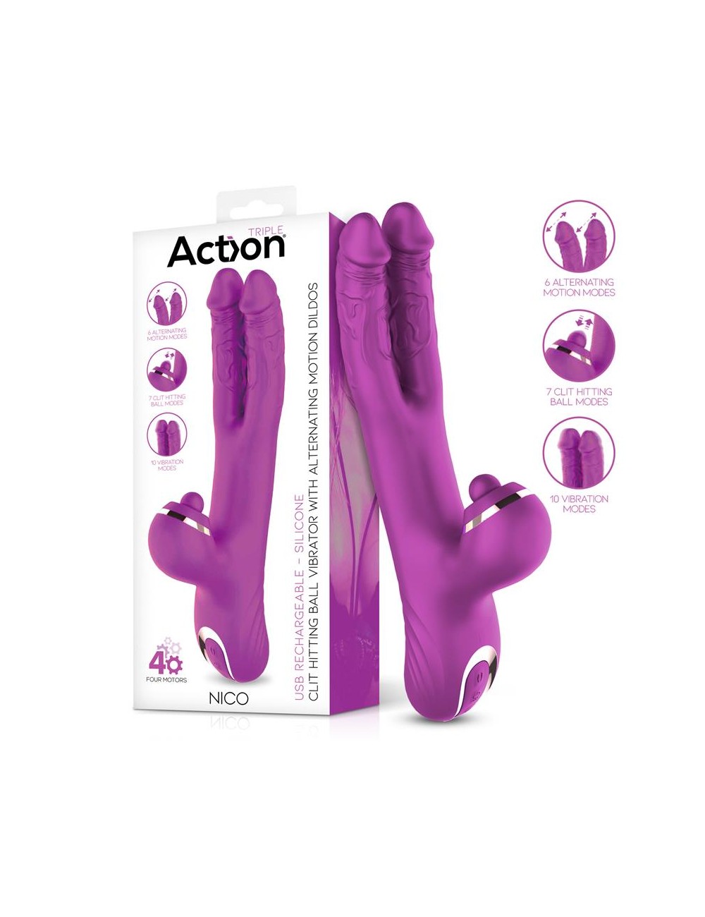 Nico Vibrador con Dildos Alternantes y Bola Percutora 4 Motores