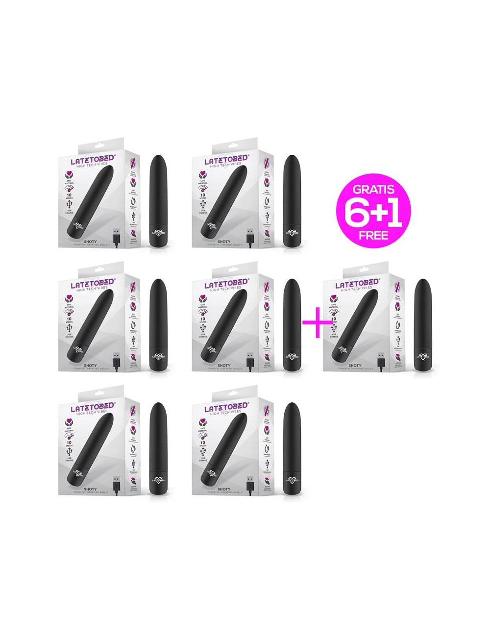 Pack 6 1 Shoty Bala Vibradora USB 10 Velocidades Potente Motor Negro