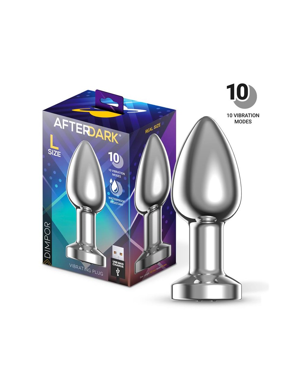 Dimpor Plug Anal Cromado con Vibracion USB Magnetico Talla L