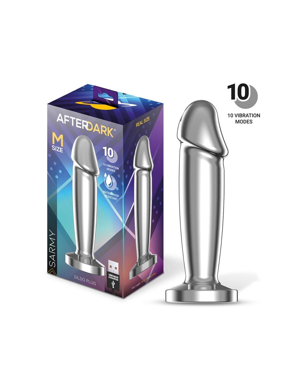 Sarmy Plug Anal Cromado con Vibracion USB Magnetico Talla M
