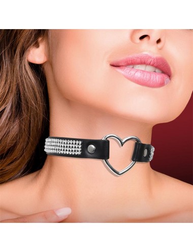 Collar con Corazon y Pedreria Estilo Choker Cuero Vegano Talla unica